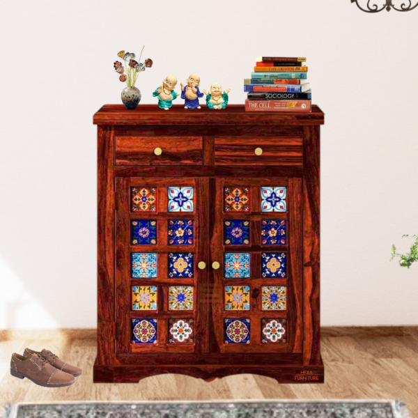 Decorative Wooden Shoe Rack with Cabinet, Drawers, and Door, Finished in a Warm Honey Tone