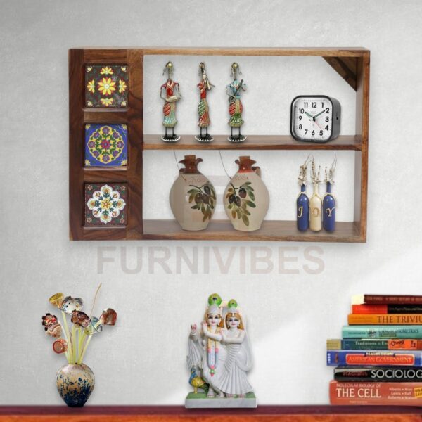 Sheesham Wood Wall-Mounted Shelf with Book Storage, Teak Finish