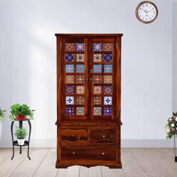 Solid Sheesham Wood 2-Door Wardrobe with 3 Drawers in a Honey Oak Finish